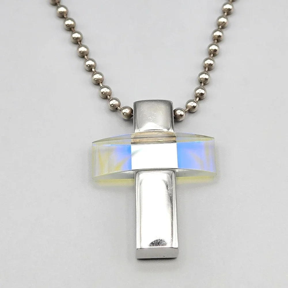 STORM London Stainless‎ Steel Iridescent Glass Cross Pendant Ball Chain Necklace